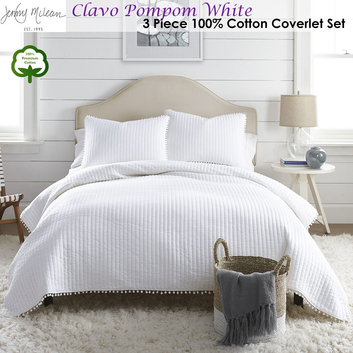 Jenny Mclean Clavo Pompom White 3 Piece 100% Cotton Coverlet Set King