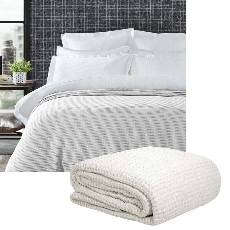 Living @ Home 350gsm 100% Cotton Breathable Waffle Blanket Queen 240 x 255 cm White