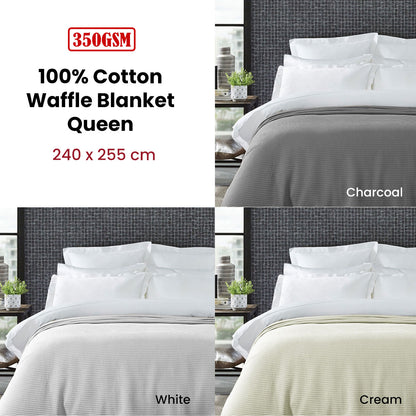 Living @ Home 350gsm 100% Cotton Breathable Waffle Blanket Queen 240 x 255 cm White