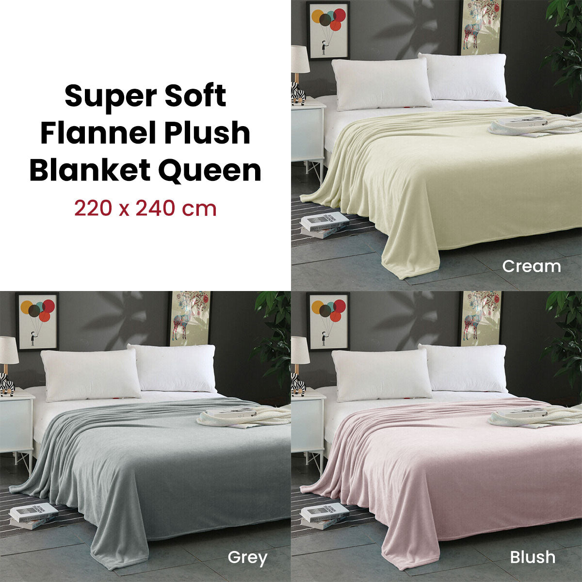 Super Soft Micro Flannel Plush Blanket Queen 220 x 240cm Blush