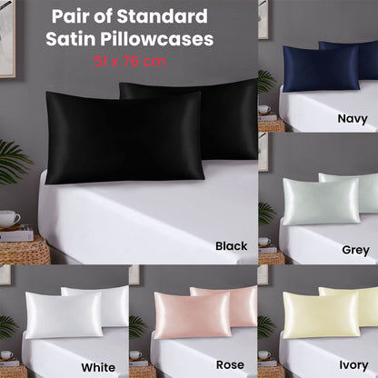 Pair of Standard Satin Silk Pillowcases with Envelope Closure 51 x 76 cm Black