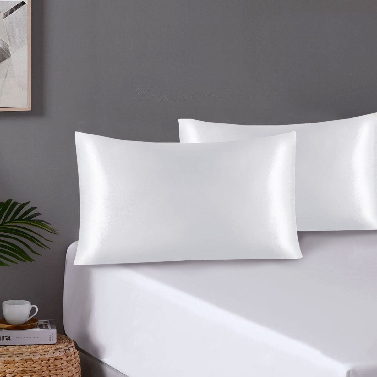 Pair of Standard Satin Silk Pillowcases with Envelope Closure 51 x 76 cm White