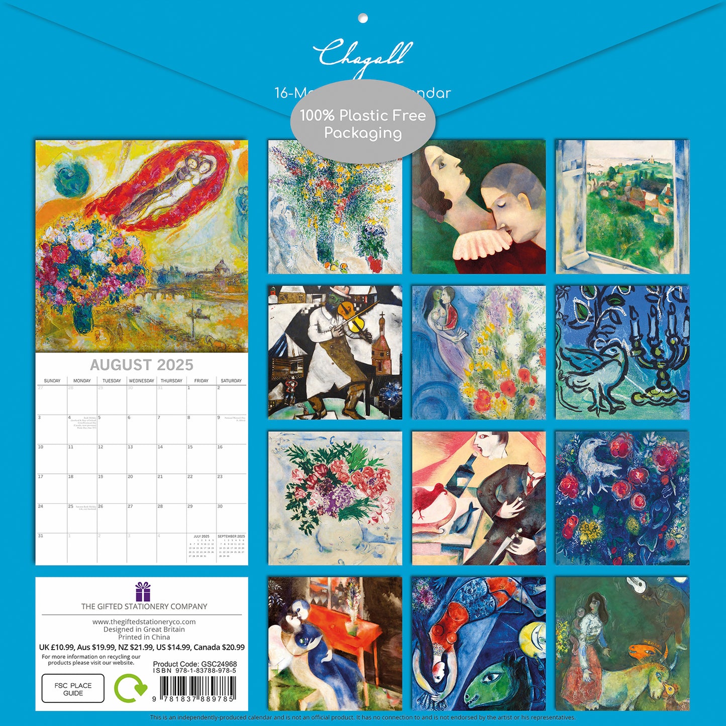 Chagall - 2025 Square Wall Calendar Arts 16 Months Premium Planner Gift