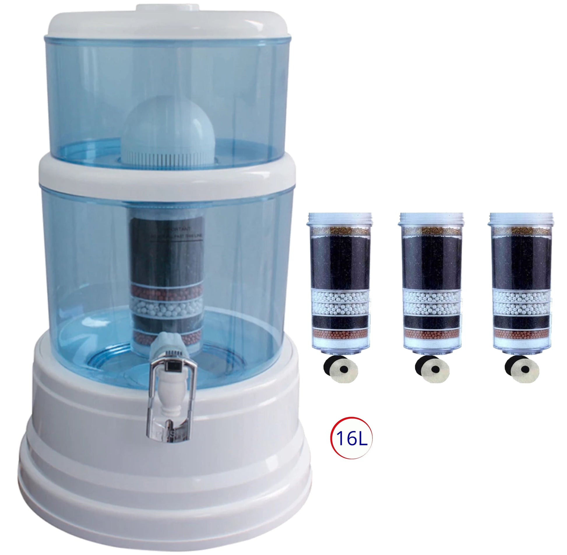 Water dispenser with three additional filter cartridges on a white background