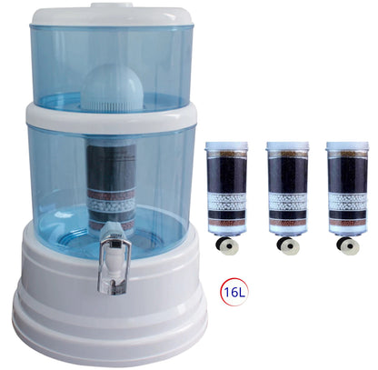 Water dispenser with three additional filter cartridges on a white background
