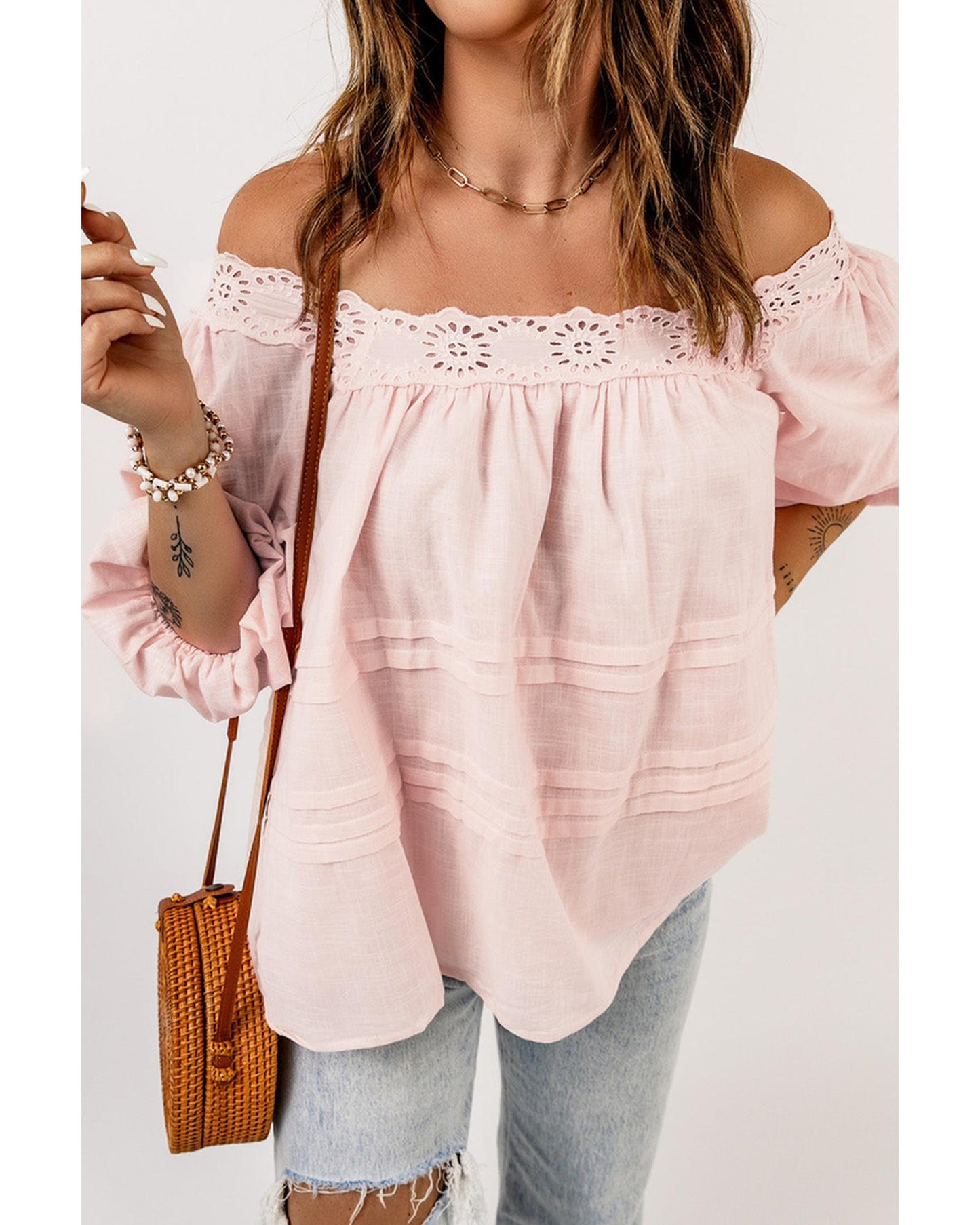 Azura Exchange Puff Sleeve Eyelet Babydoll Blouse - 2XL