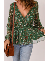 Azura Exchange Wrap V Neck Peplum Top with Floral Print - S