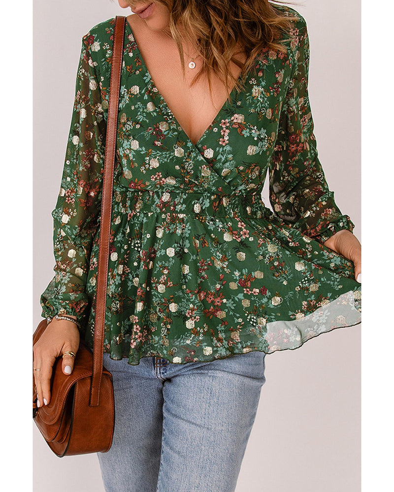 Azura Exchange Wrap V Neck Peplum Top with Floral Print - S