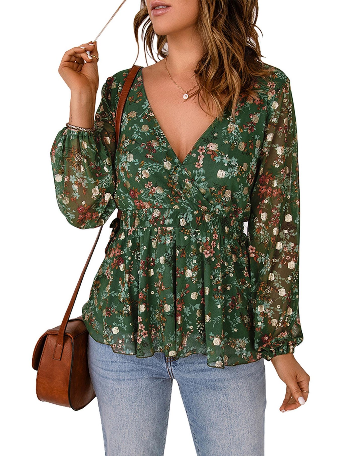 Azura Exchange Wrap V Neck Peplum Top with Floral Print - S
