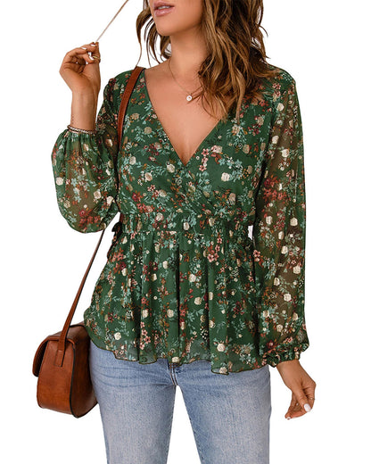 Azura Exchange Wrap V Neck Peplum Top with Floral Print - S