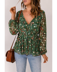 Azura Exchange Wrap V Neck Peplum Top with Floral Print - S
