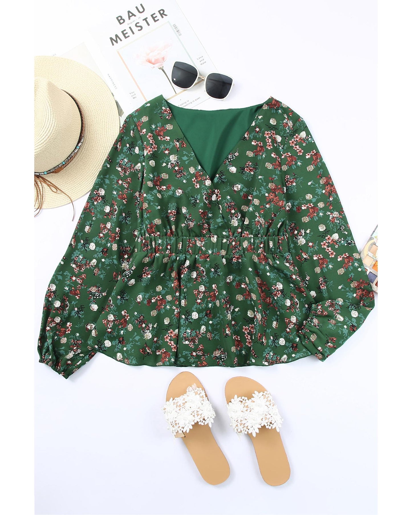 Azura Exchange Wrap V Neck Peplum Top with Floral Print - S