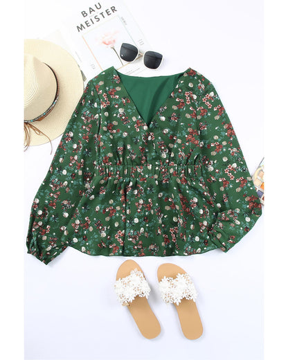 Azura Exchange Wrap V Neck Peplum Top with Floral Print - S