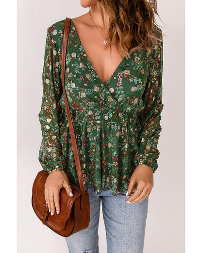 Azura Exchange Wrap V Neck Peplum Top with Floral Print - S