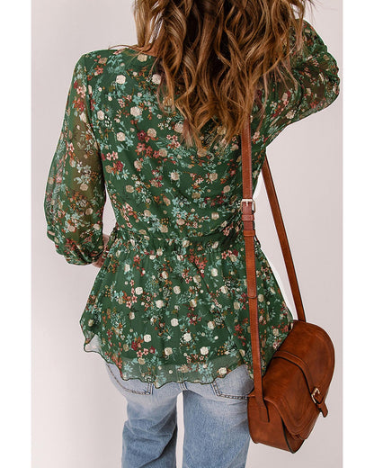 Azura Exchange Wrap V Neck Peplum Top with Floral Print - S