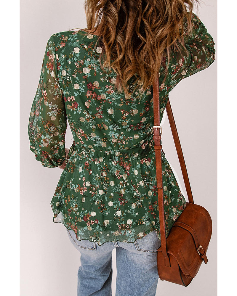 Azura Exchange Wrap V Neck Peplum Top with Floral Print - S