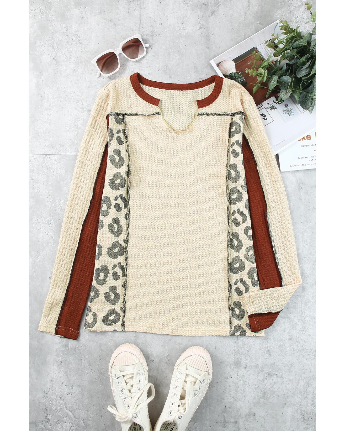 Azura Exchange Waffle Knit Long Sleeve Top - S