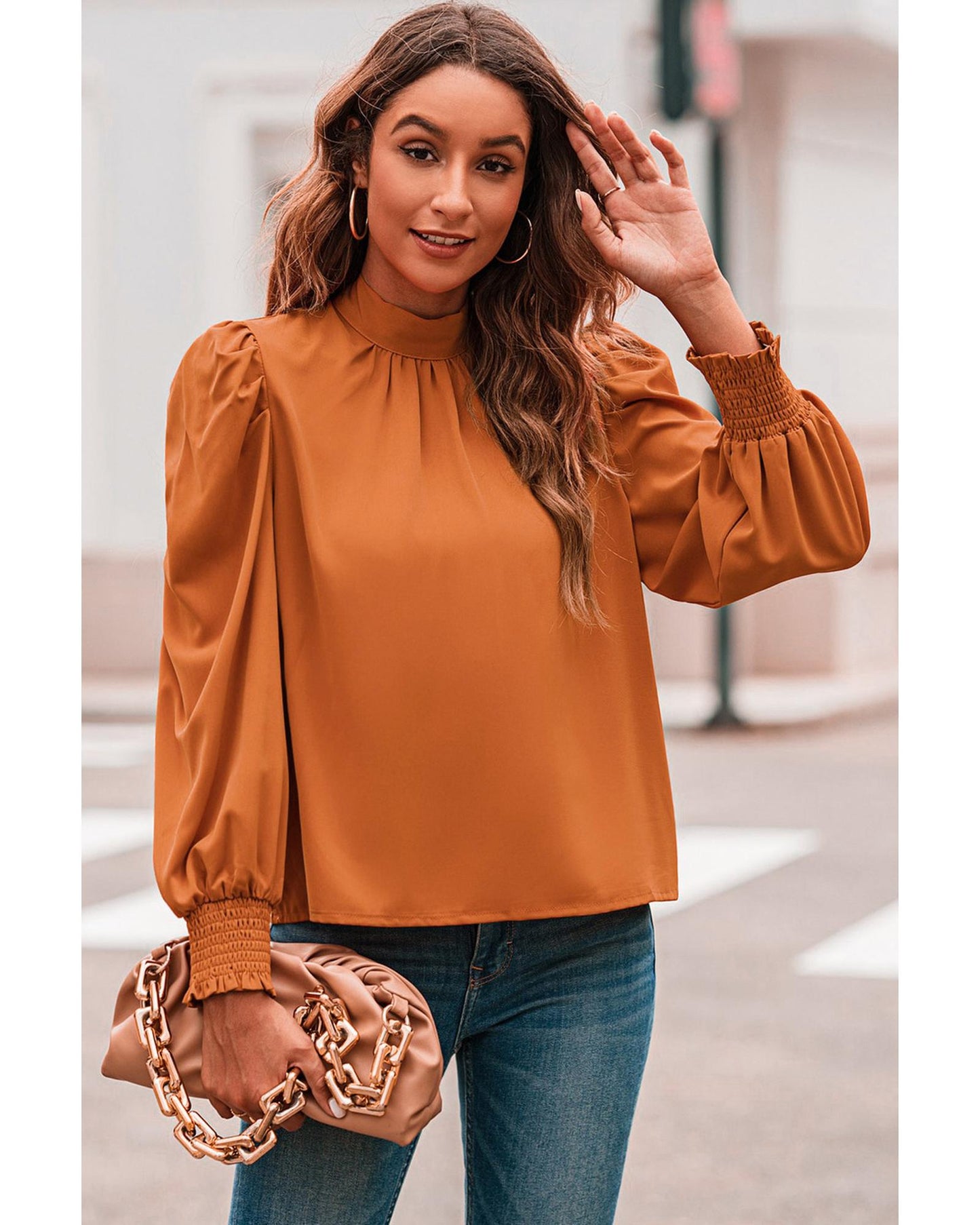 Azura Exchange Long Sleeve Mock Neck Chiffon Blouse - L