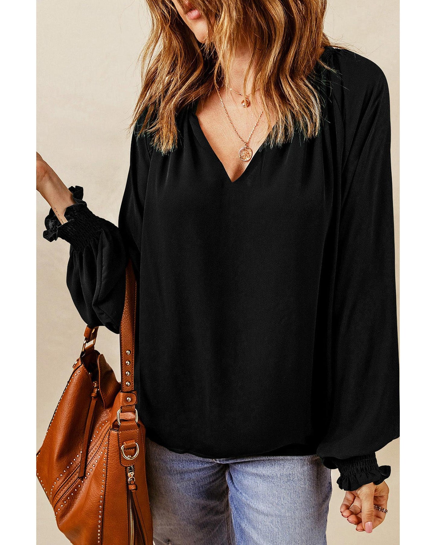 Azura Exchange Pleated V Neck Puffy Sleeve Blouse - L