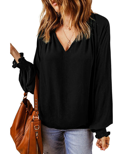 Azura Exchange Pleated V Neck Puffy Sleeve Blouse - L