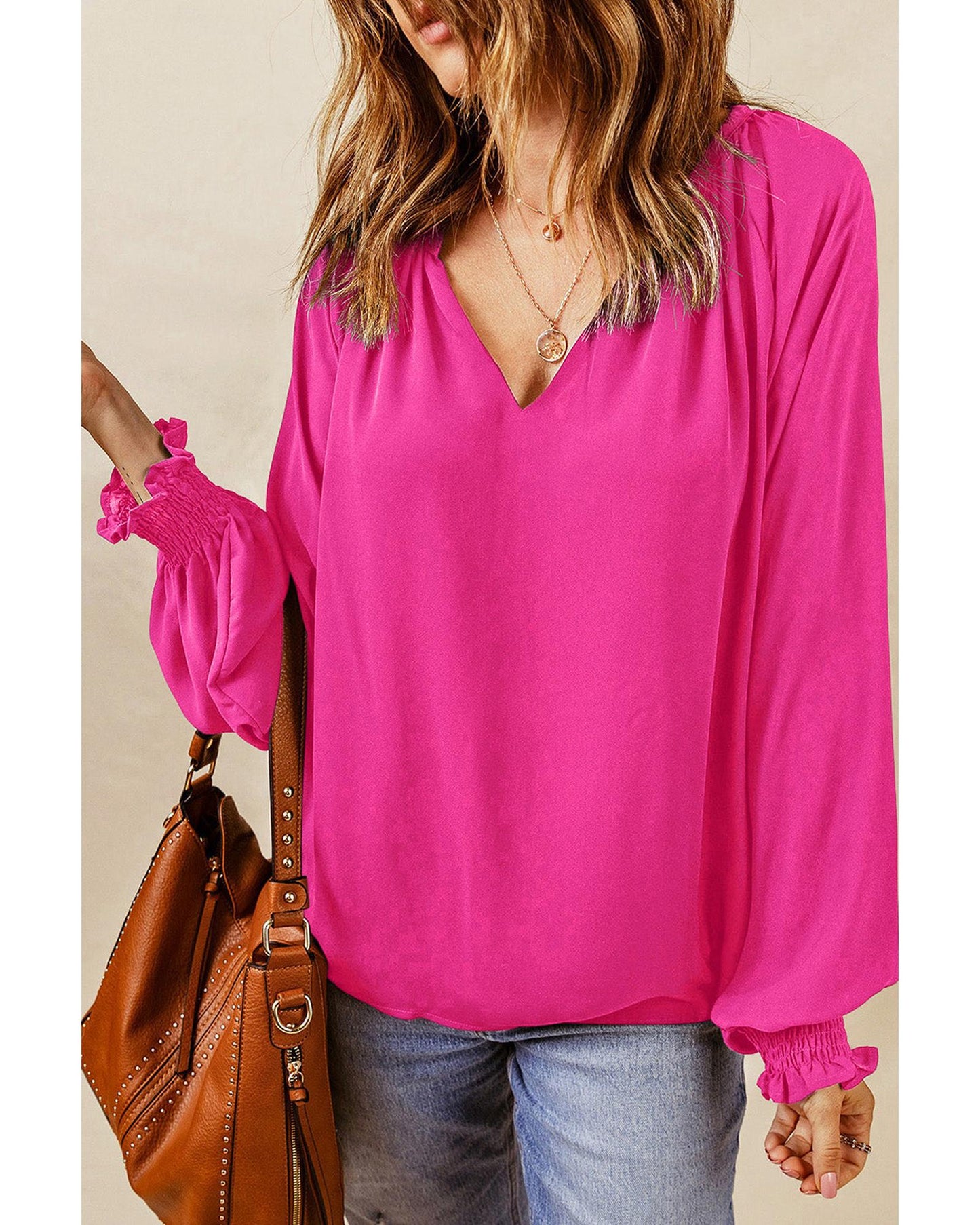 Azura Exchange Pleated V Neck Puffy Sleeve Blouse - S