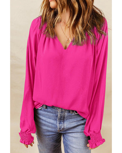 Azura Exchange Pleated V Neck Puffy Sleeve Blouse - XL