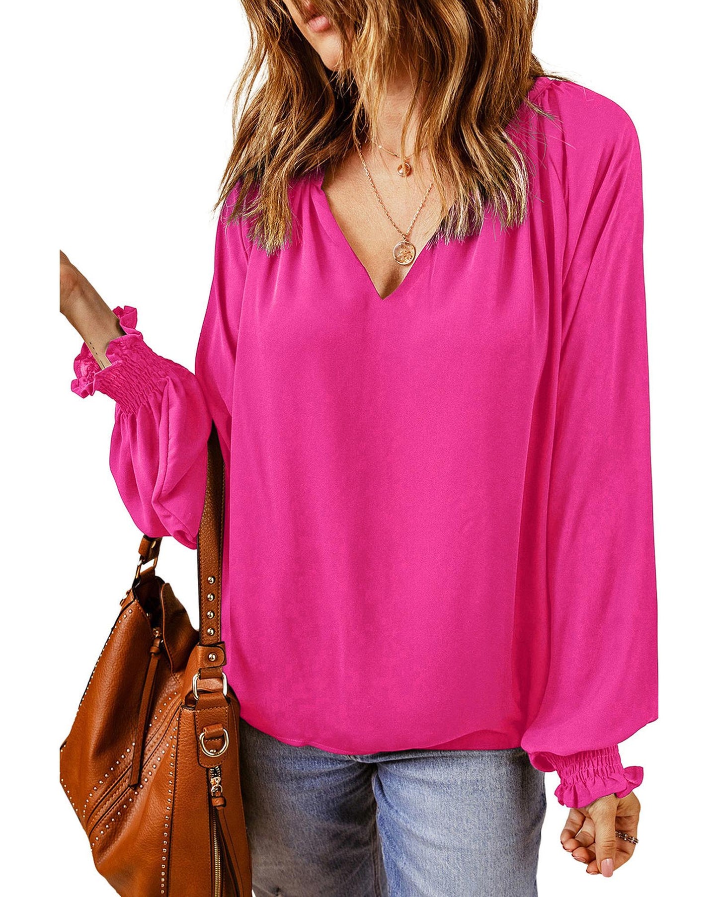 Azura Exchange Pleated V Neck Puffy Sleeve Blouse - XL