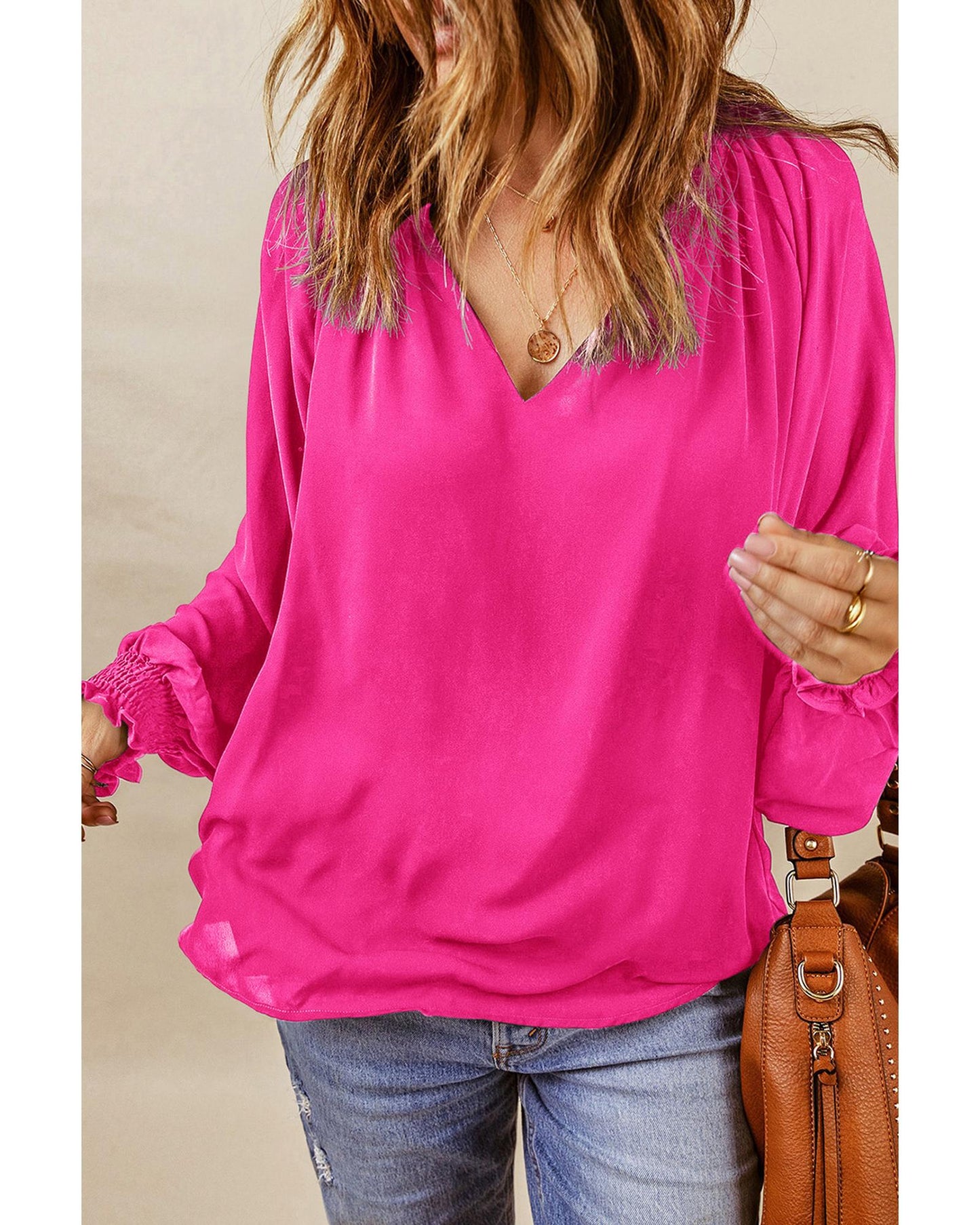 Azura Exchange Pleated V Neck Puffy Sleeve Blouse - XL