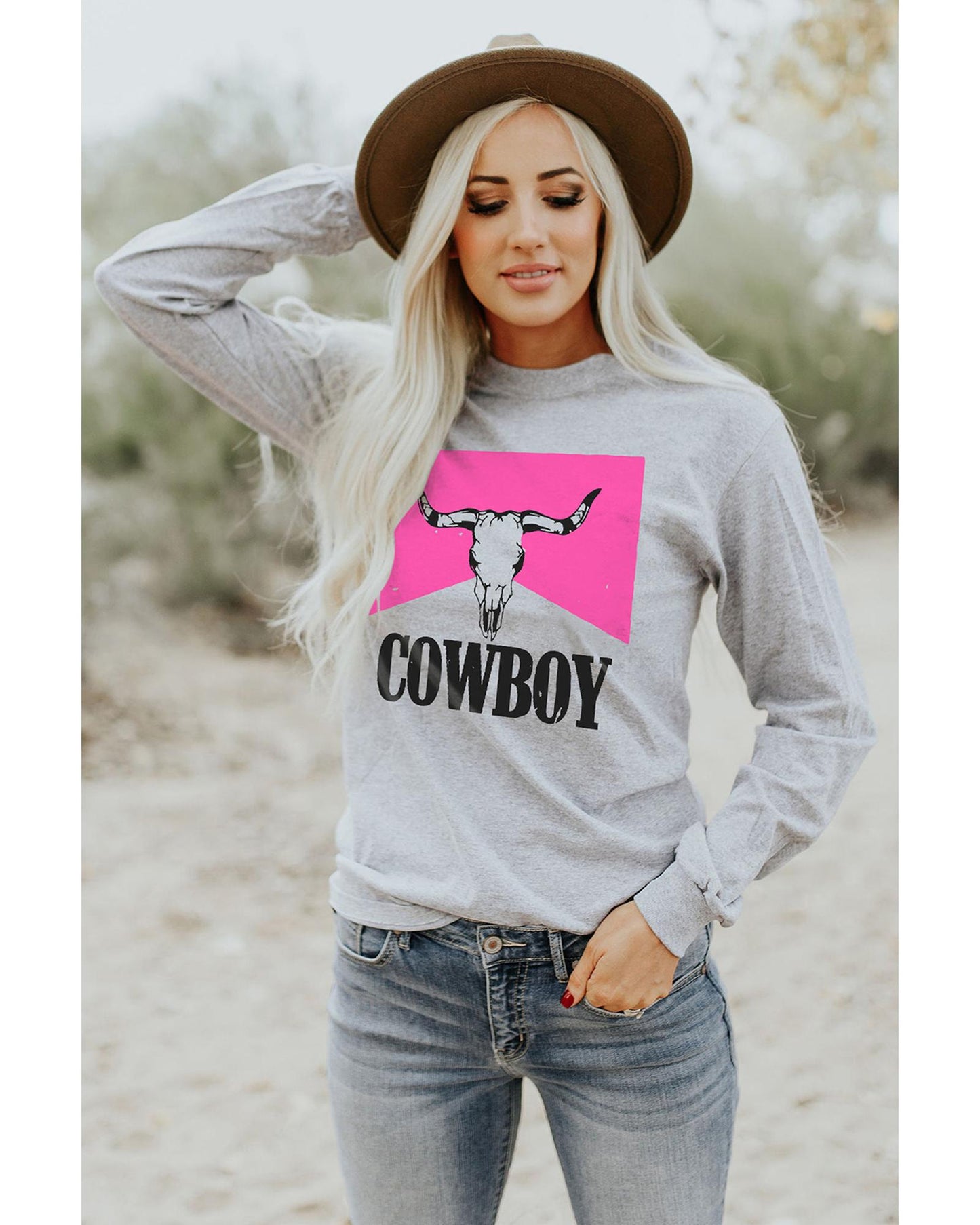 Azura Exchange Color Block Long Sleeve Top with Cowboy Steer Skull Print - S