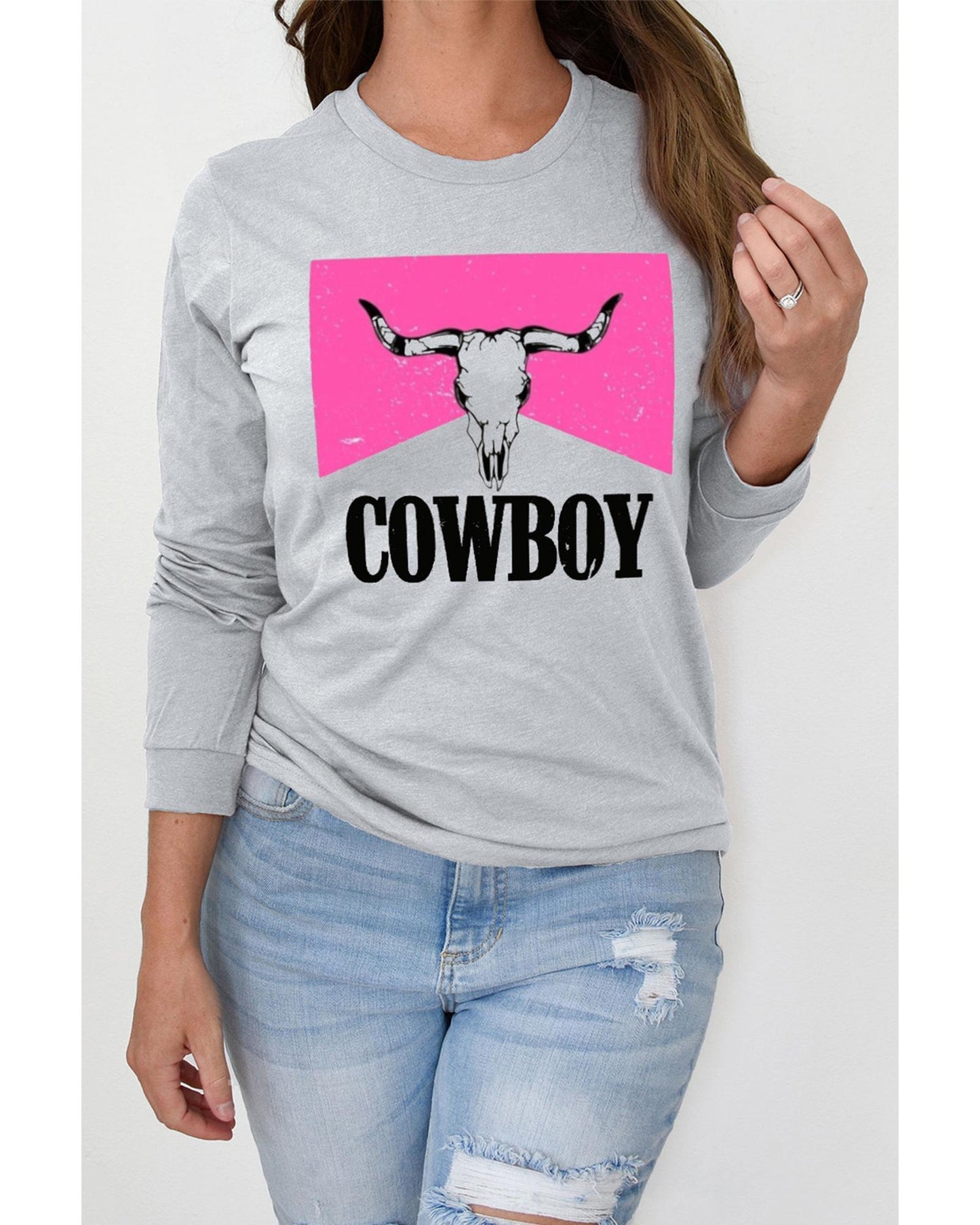 Azura Exchange Color Block Long Sleeve Top with Cowboy Steer Skull Print - S