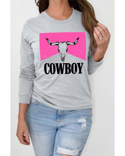 Azura Exchange Color Block Long Sleeve Top with Cowboy Steer Skull Print - S