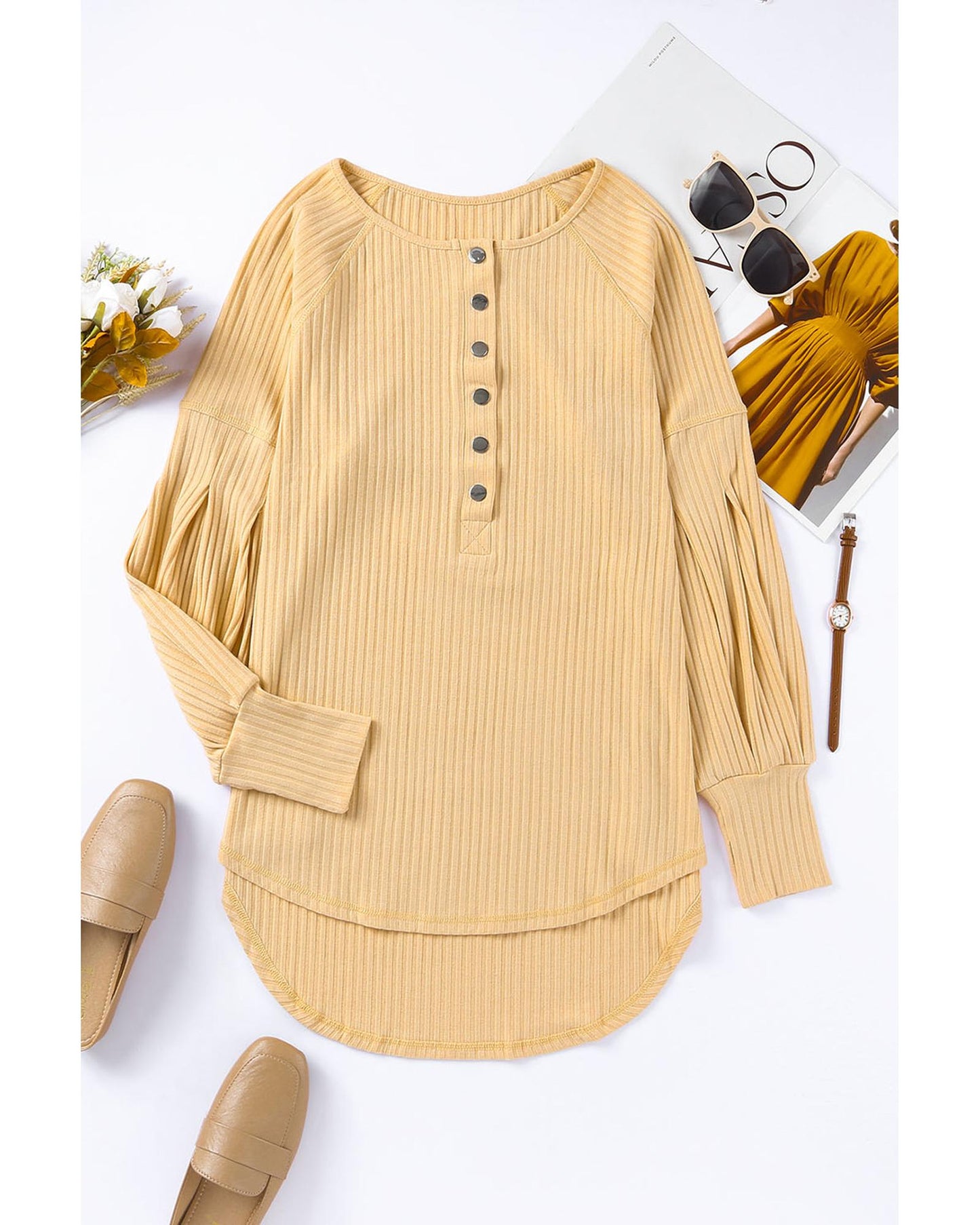 Azura Exchange Textured Ribbed Puff Sleeve Pullover - L