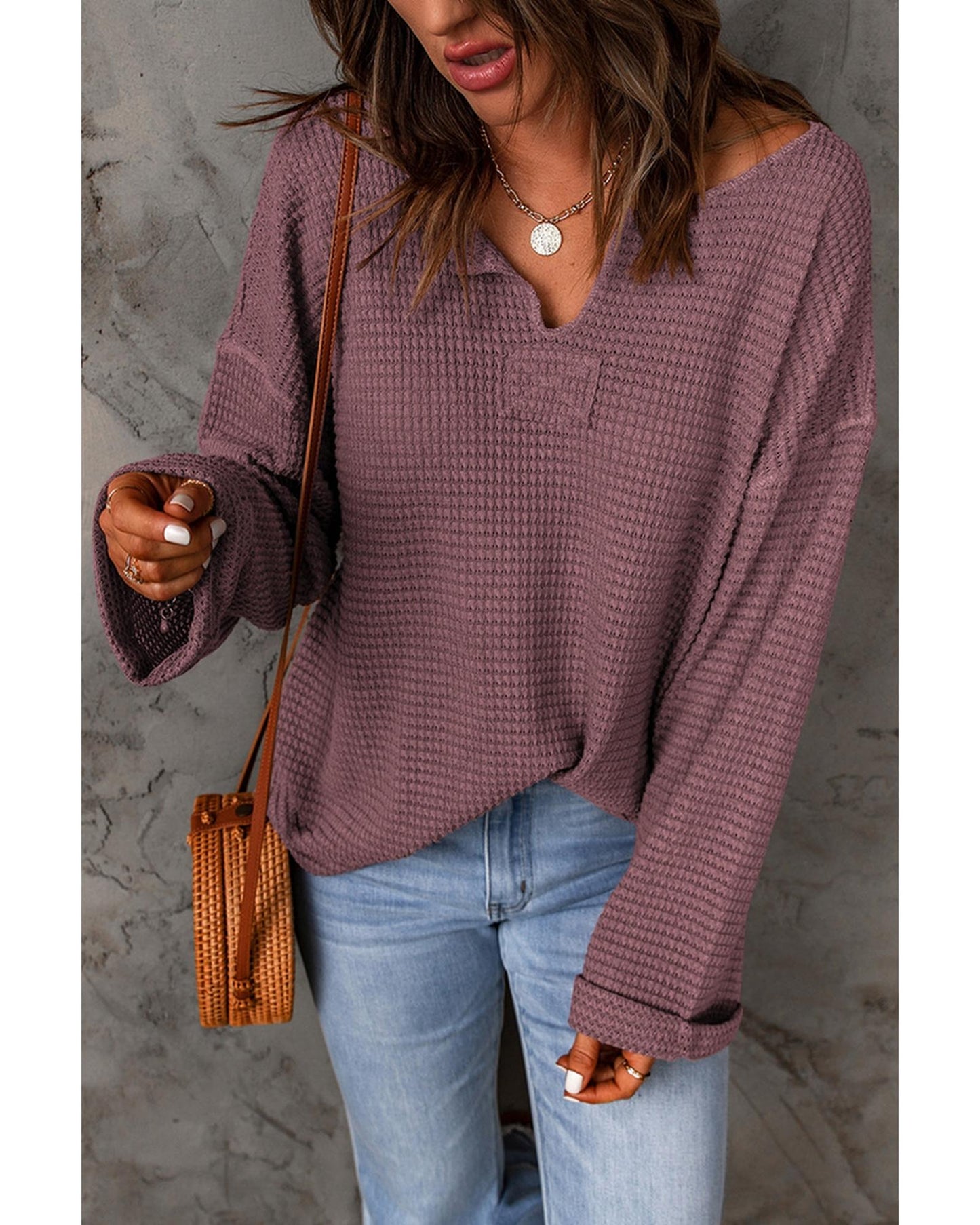 Azura Exchange Loose Waffle Knit Long Sleeve Top - M