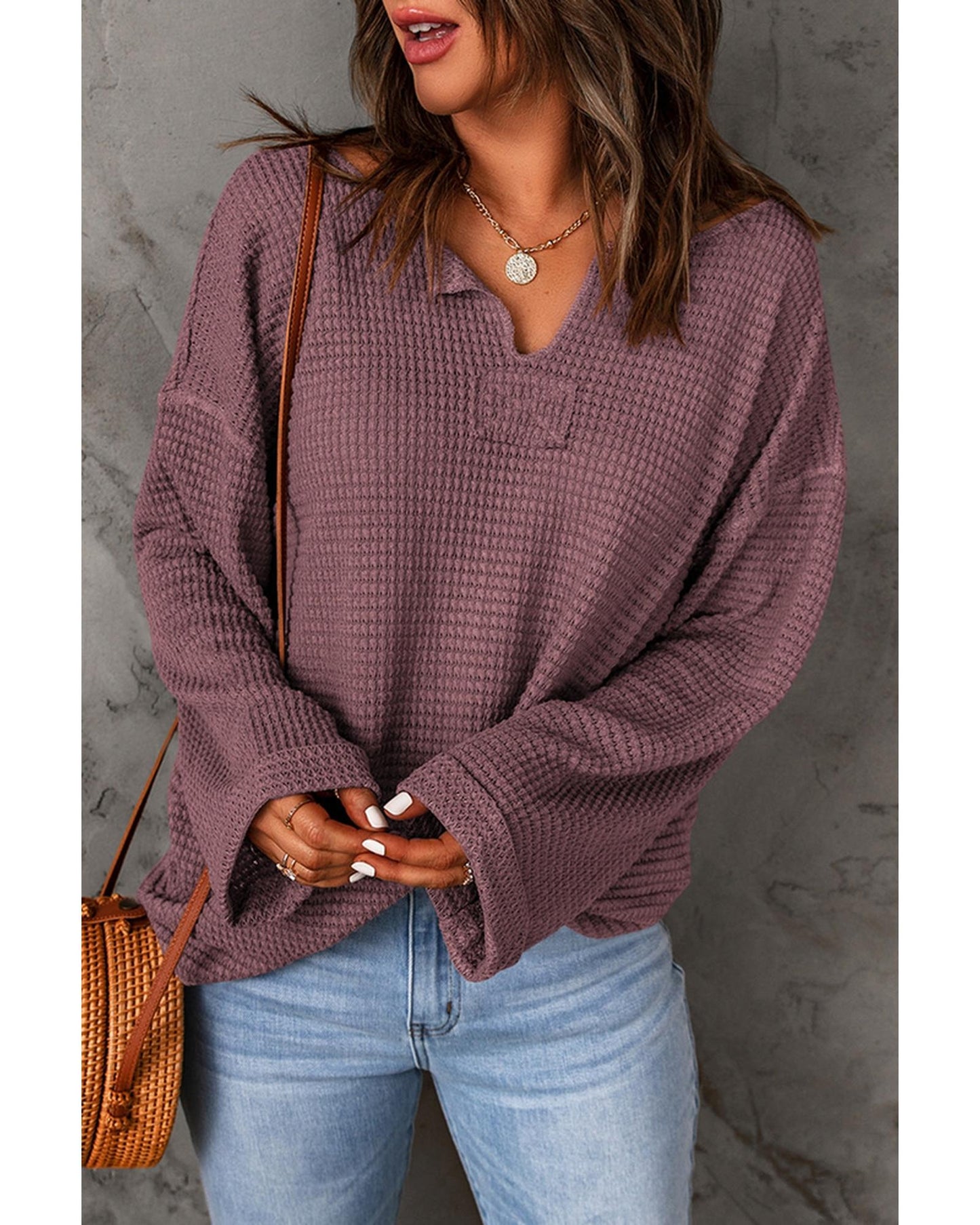 Azura Exchange Loose Waffle Knit Long Sleeve Top - XL