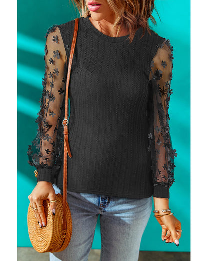 Azura Exchange Textured Knit Blouse with Floral Applique Mesh Sleeves - S