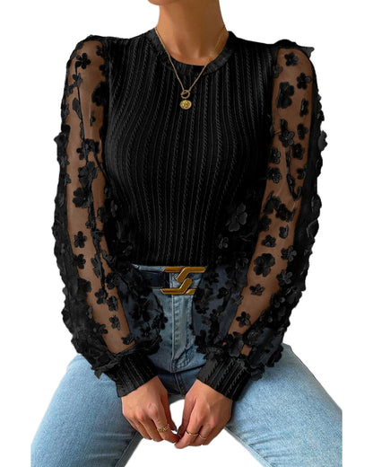 Azura Exchange Textured Knit Blouse with Floral Applique Mesh Sleeves - S