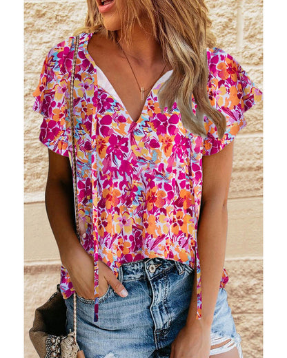 Azura Exchange Floral Print Top with Flutter Sleeves - S