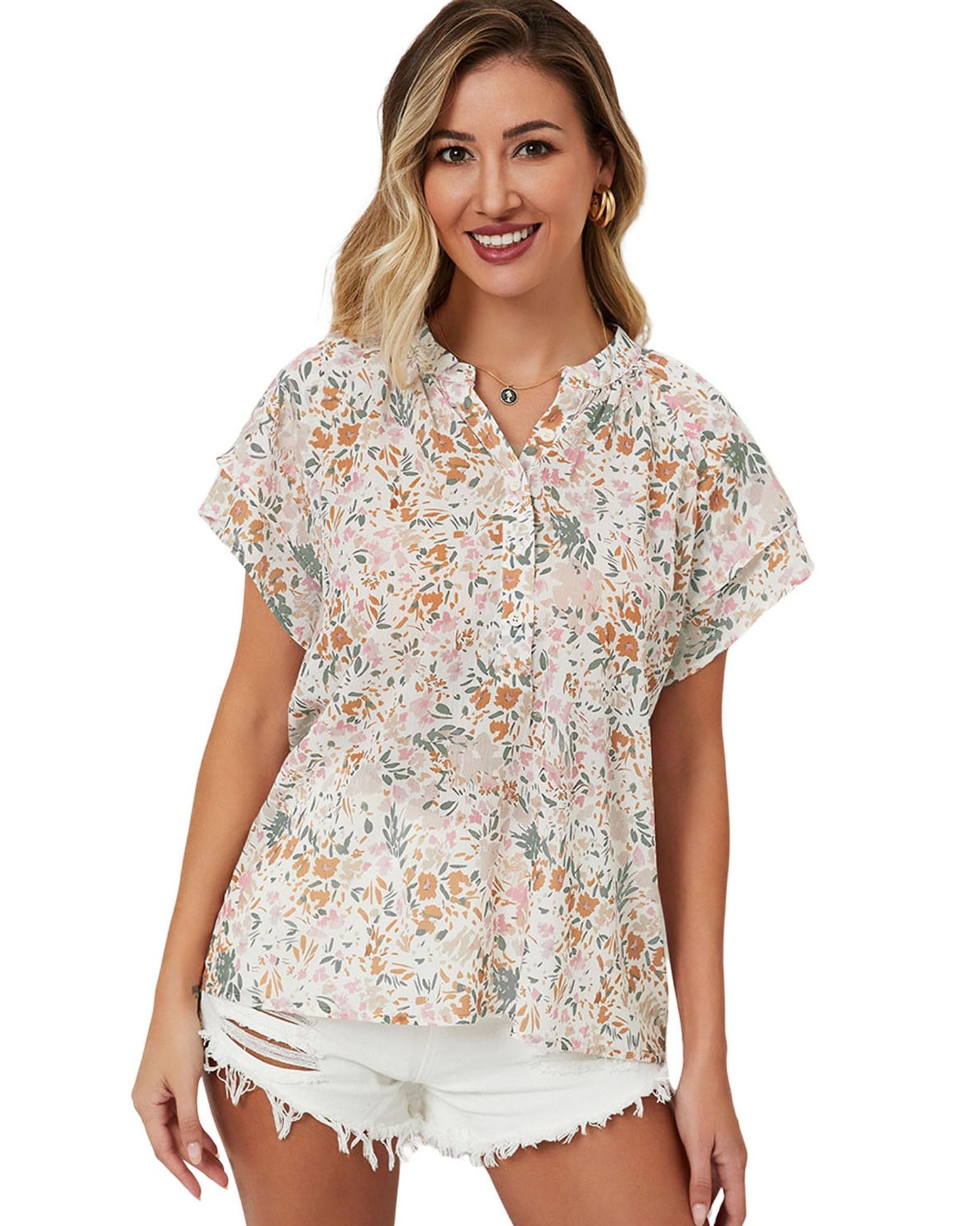 Azura Exchange Floral Mandarin Collar Top - L