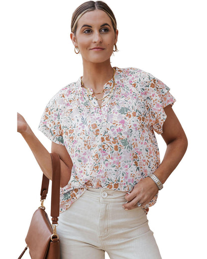 Azura Exchange Floral Mandarin Collar Top - L