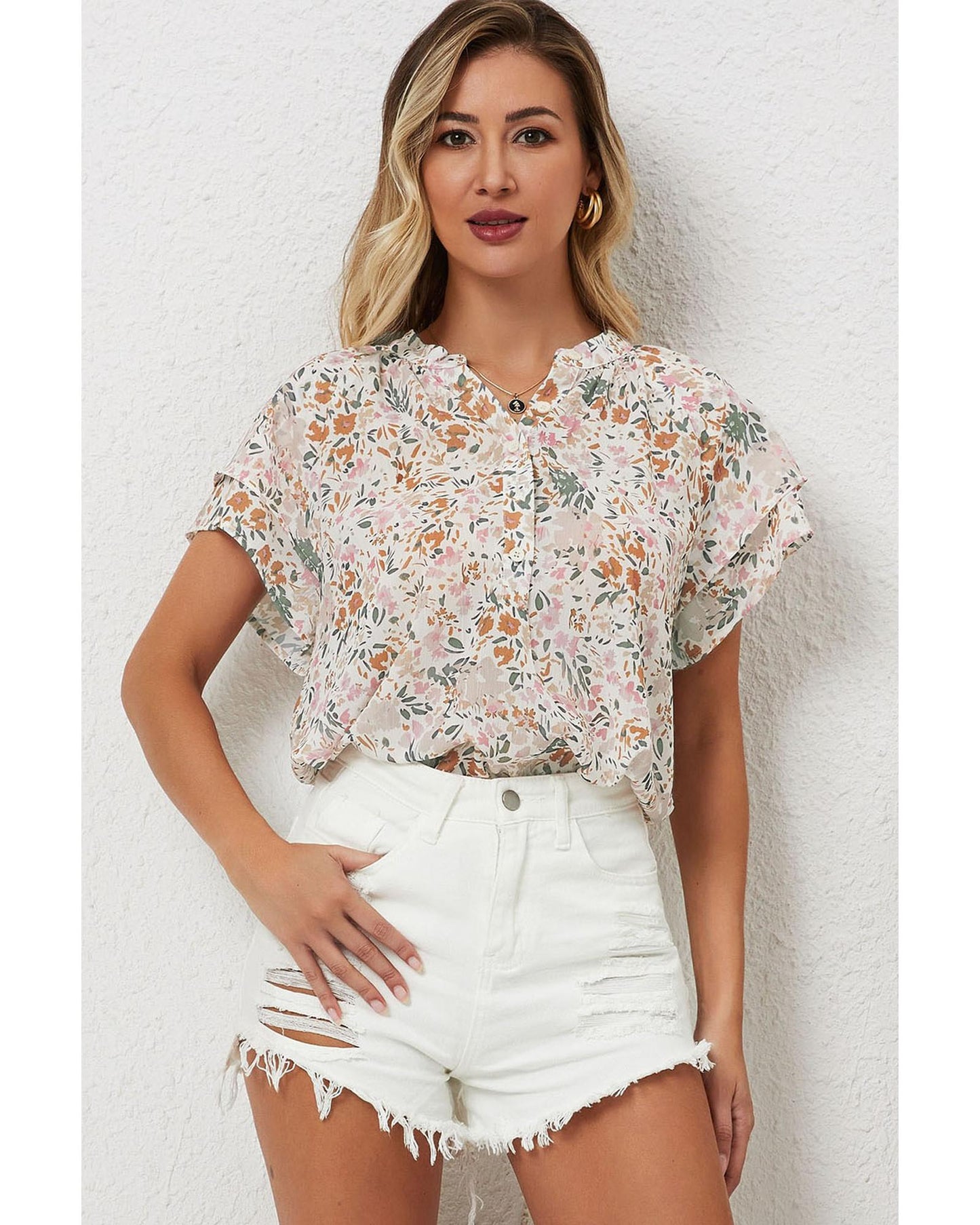 Azura Exchange Floral Mandarin Collar Top - L