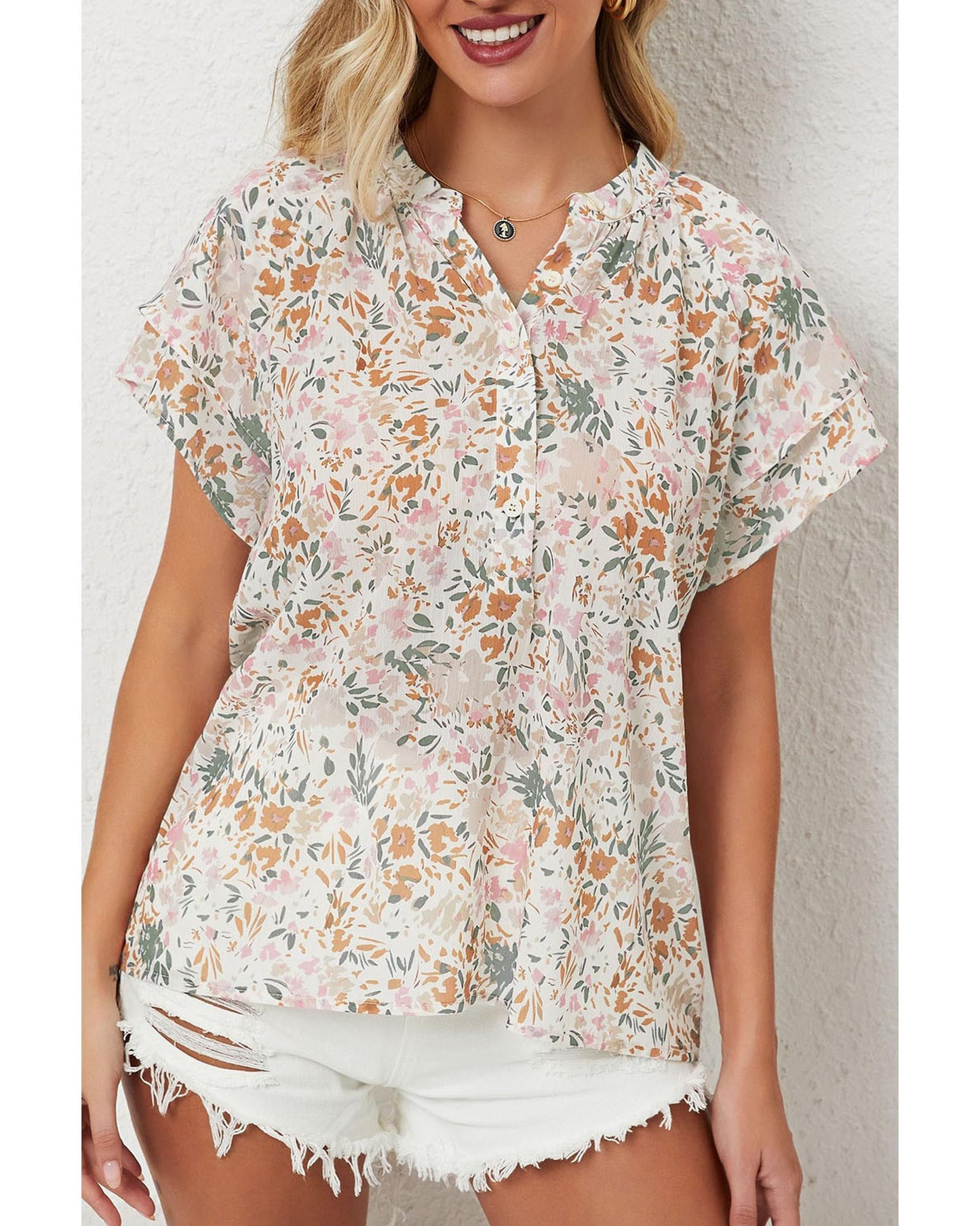 Azura Exchange Floral Mandarin Collar Top - L