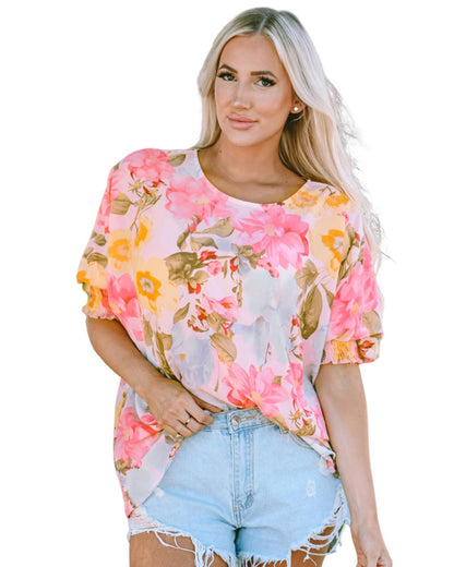 Azura Exchange Floral Blouse with Shirred Cuff Sleeves - S