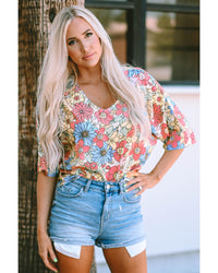 Azura Exchange Floral Print V Neck Half Sleeve Blouse - S