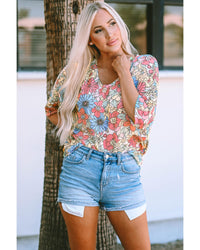 Azura Exchange Floral Print V Neck Half Sleeve Blouse - S