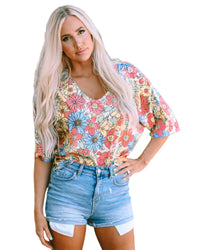 Azura Exchange Floral Print V Neck Half Sleeve Blouse - S