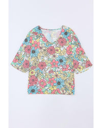 Azura Exchange Floral Print V Neck Half Sleeve Blouse - S
