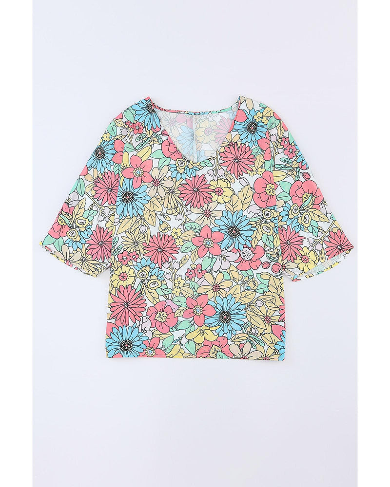 Azura Exchange Floral Print V Neck Half Sleeve Blouse - S