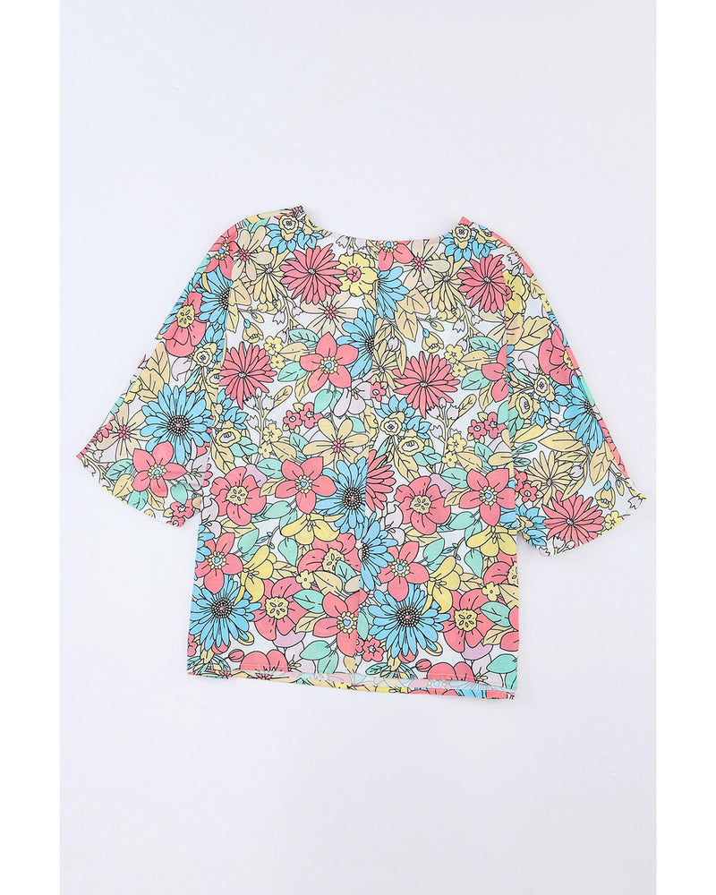 Azura Exchange Floral Print V Neck Half Sleeve Blouse - S