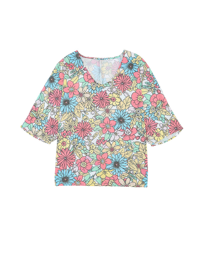 Azura Exchange Floral Print V Neck Half Sleeve Blouse - S