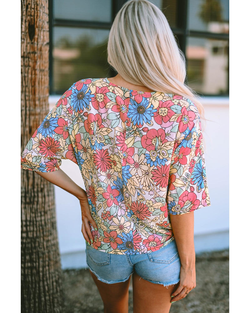 Azura Exchange Floral Print V Neck Half Sleeve Blouse - S